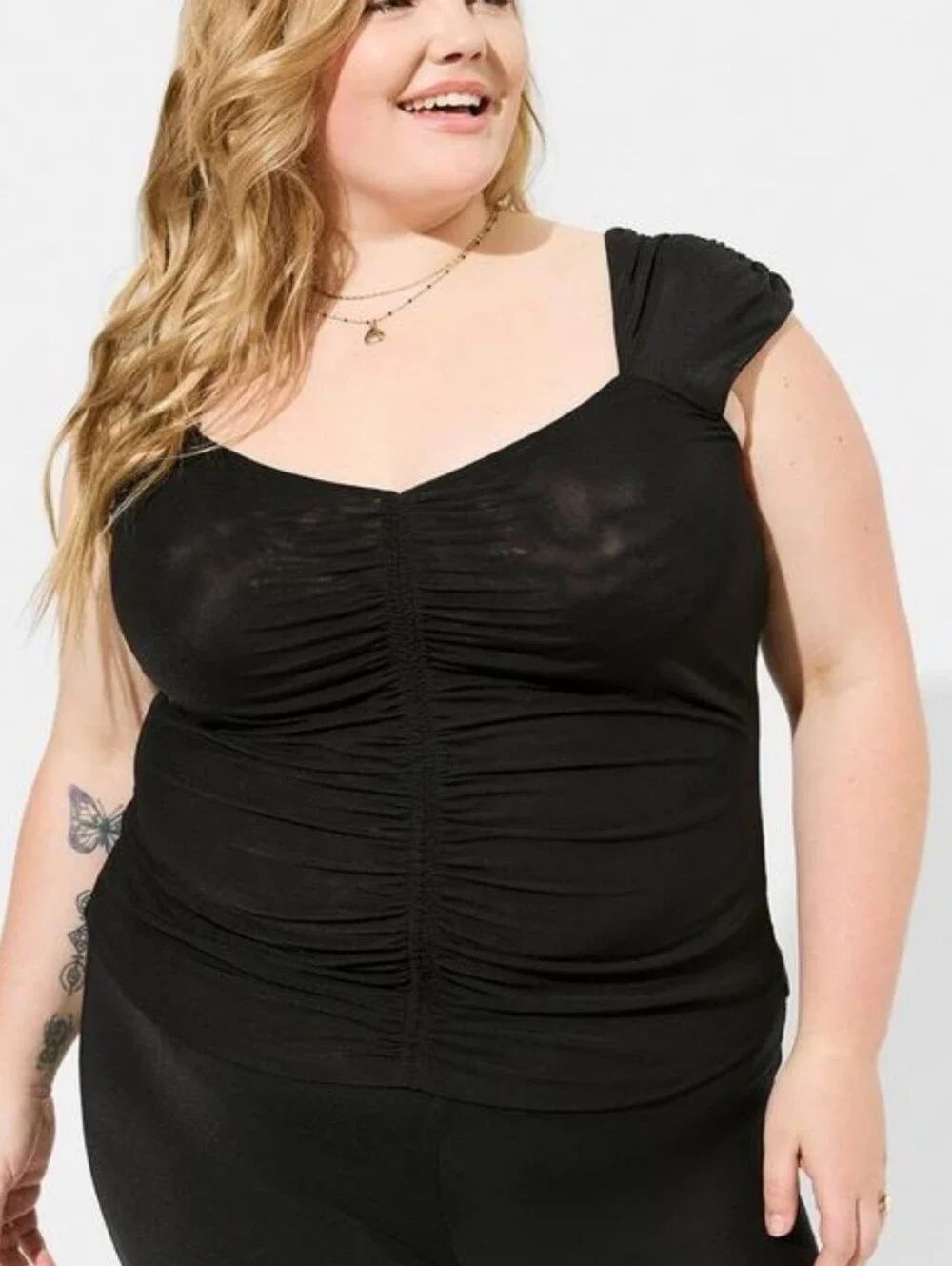 Torrid Black Mesh Ruched Front Scoop Neck Tank - New